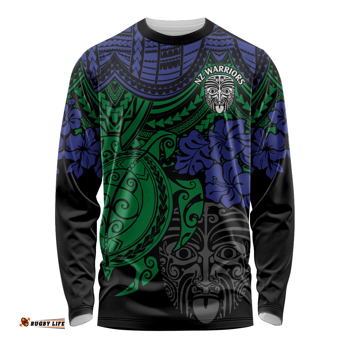 Custom New Zealand Warriors Rugby Long Sleeve T-shirt Hibiscus and Turtle With Polynesian Pattern