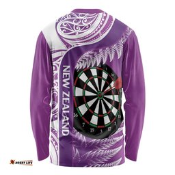 Personalised New Zealand Darts Long Sleeve T-shirt Aotearoa Fern Mix Paua Shell Manaia Purple