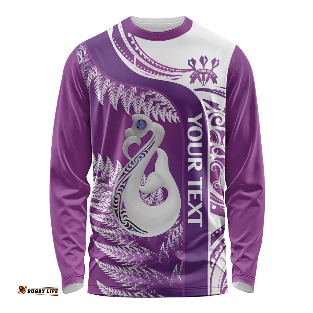 Personalised New Zealand Darts Long Sleeve T-shirt Aotearoa Fern Mix Paua Shell Manaia Purple