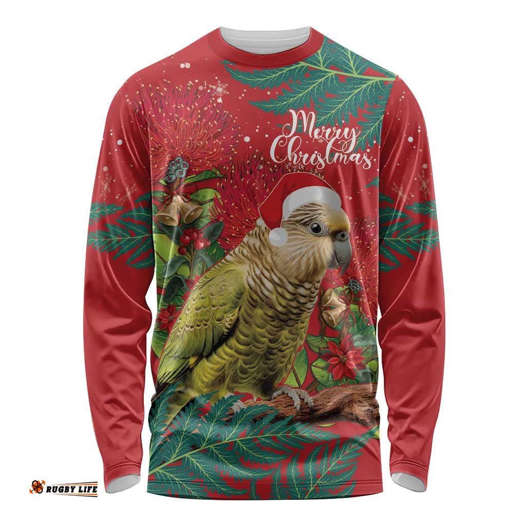 Personalised New Zealand Kakapo Christmas Long Sleeve T-shirt Meri Kirihimete Silver Fern Mix Pohutukawa