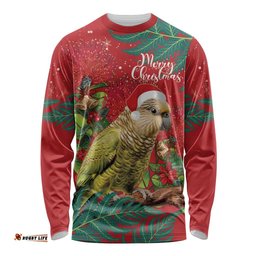 Personalised New Zealand Kakapo Christmas Long Sleeve T-shirt Meri Kirihimete Silver Fern Mix Pohutukawa