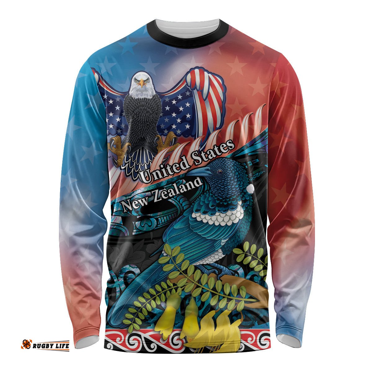 Personalised United States And New Zealand Long Sleeve T-shirt USA Eagle With Kowhai Aotearoa Tui Bird