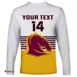 Custom Text And Number Broncos Rugby Long Sleeve T-shirt Sporty Style White Version