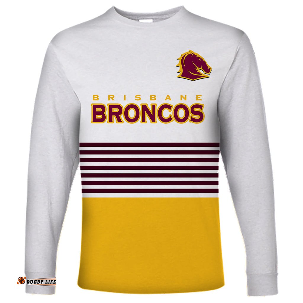 Custom Text And Number Broncos Rugby Long Sleeve T-shirt Sporty Style White Version