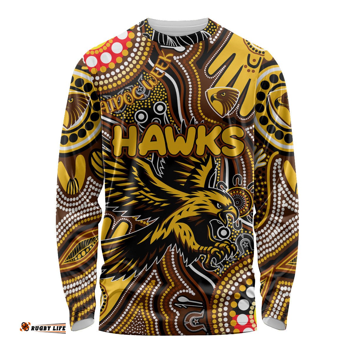 Personalised NAIDOC Week 2024 Hawthorn Hawks Long Sleeve T-shirt Australian Aboriginal Hand Painting