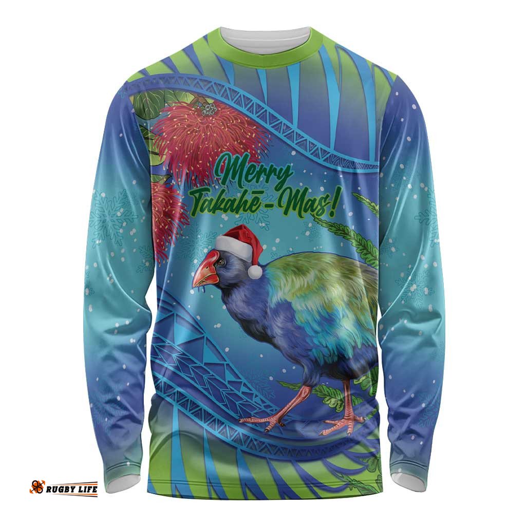 New Zealand Takahe Christmas Long Sleeve T-shirt Maori Fern Mix Pohotukawa