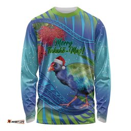 New Zealand Takahe Christmas Long Sleeve T-shirt Maori Fern Mix Pohotukawa
