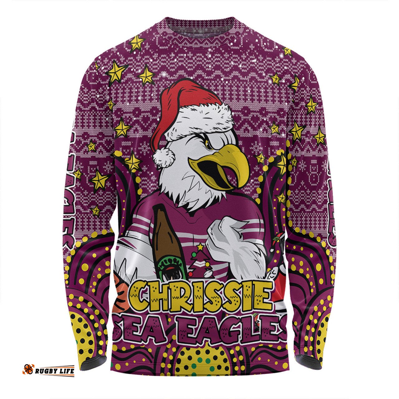 Manly Warringah Sea Eagles Christmas Custom Long Sleeve T-shirt - Christmas Knit Patterns Vintage Jersey Ugly Long Sleeve T-shirt