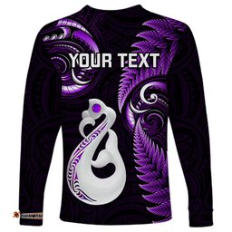 Personalised New Zealand Long Sleeve T-shirt Aotearoa Silver Fern With Manaia Maori Unique Purple