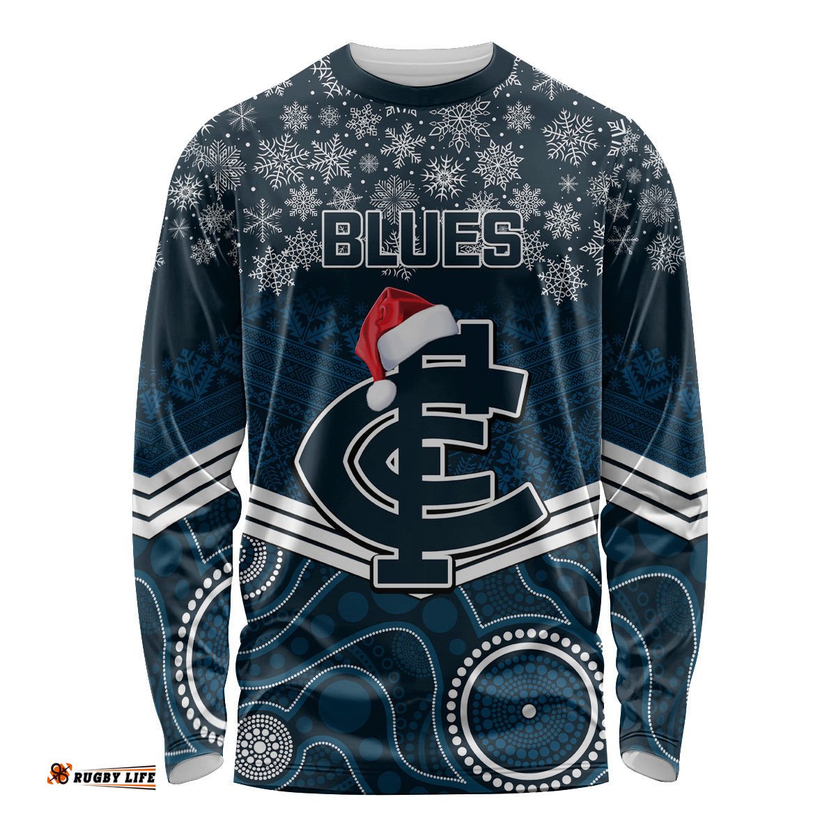 Custom Blues Football Christmas Long Sleeve T-shirt Merry Xmas Mix Aboriginal Art