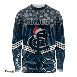 Custom Blues Football Christmas Long Sleeve T-shirt Merry Xmas Mix Aboriginal Art