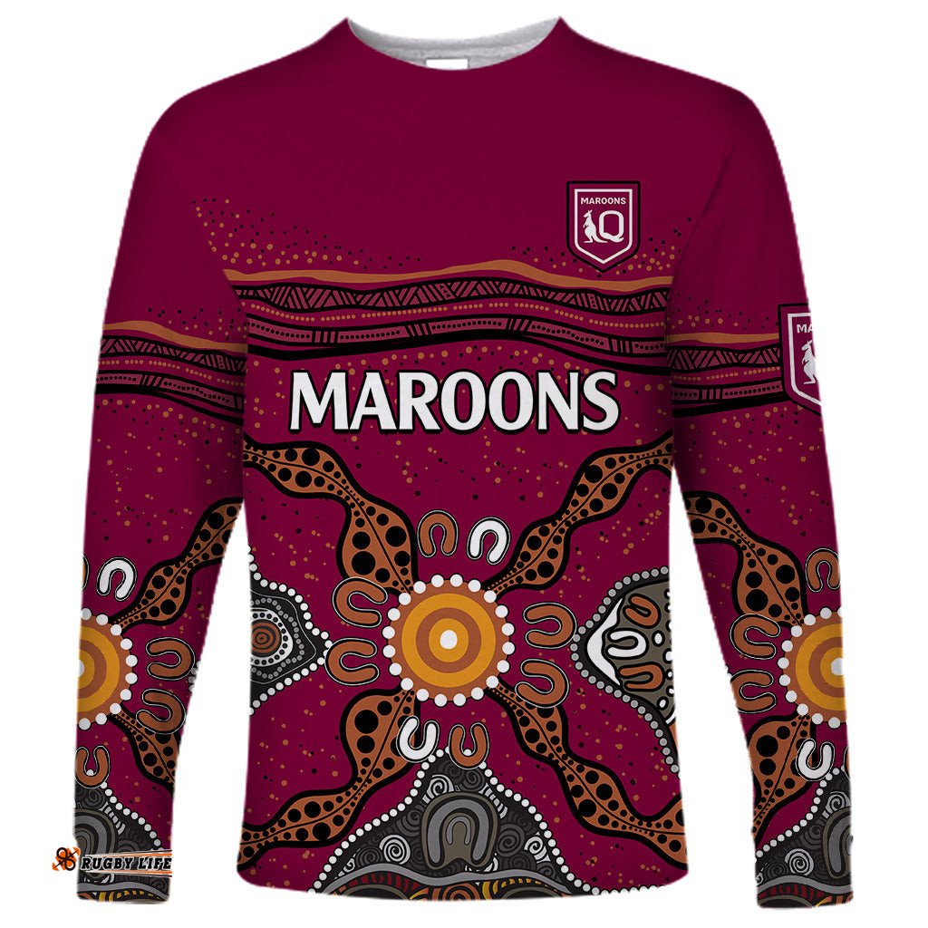 Custom Text And Number QLD Maroons Rugby Long Sleeve T-shirt Queensland Aboriginal Origin