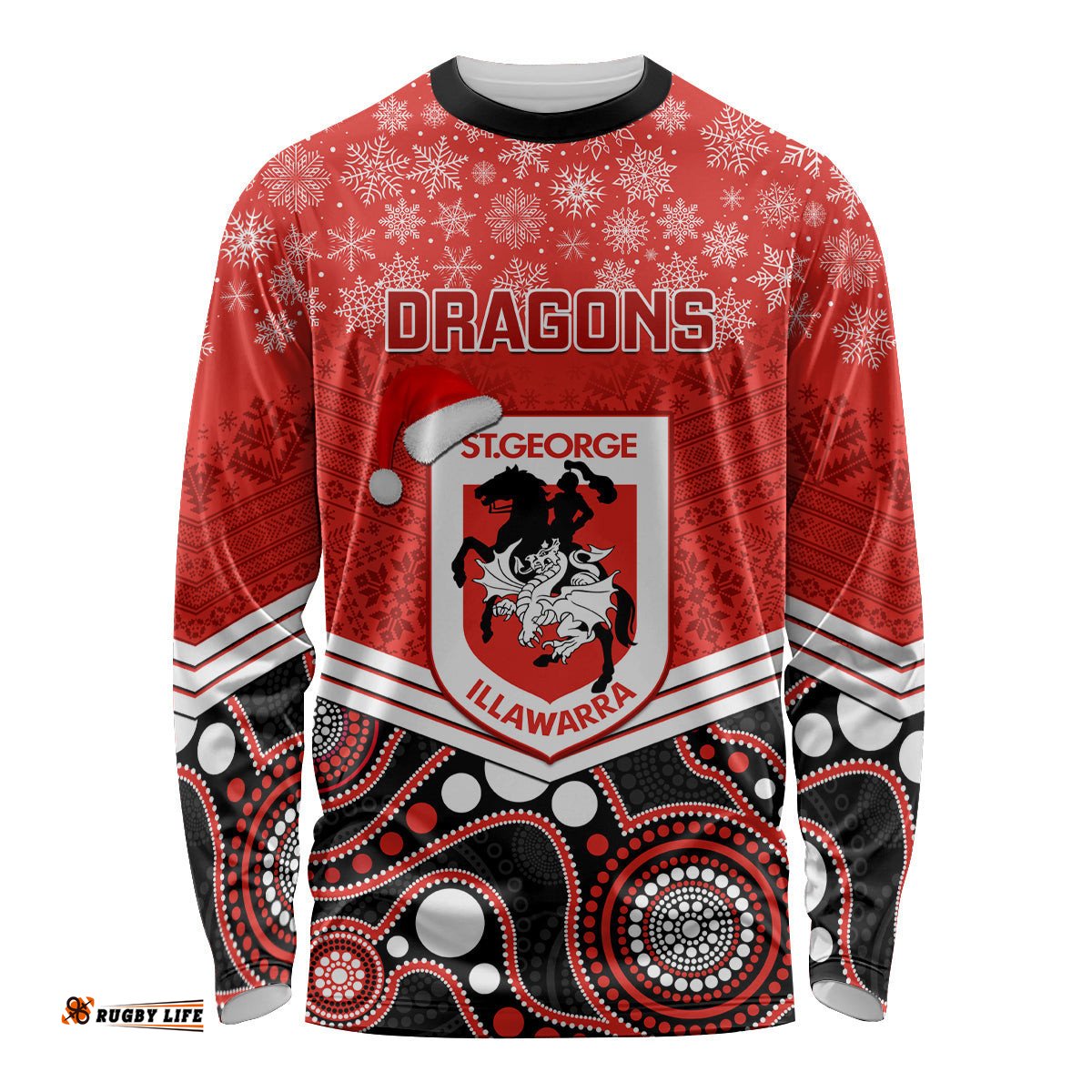 Custom Dragons Rugby Christmas Long Sleeve T-shirt Merry Xmas Mix Aboriginal Art