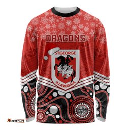 Custom Dragons Rugby Christmas Long Sleeve T-shirt Merry Xmas Mix Aboriginal Art