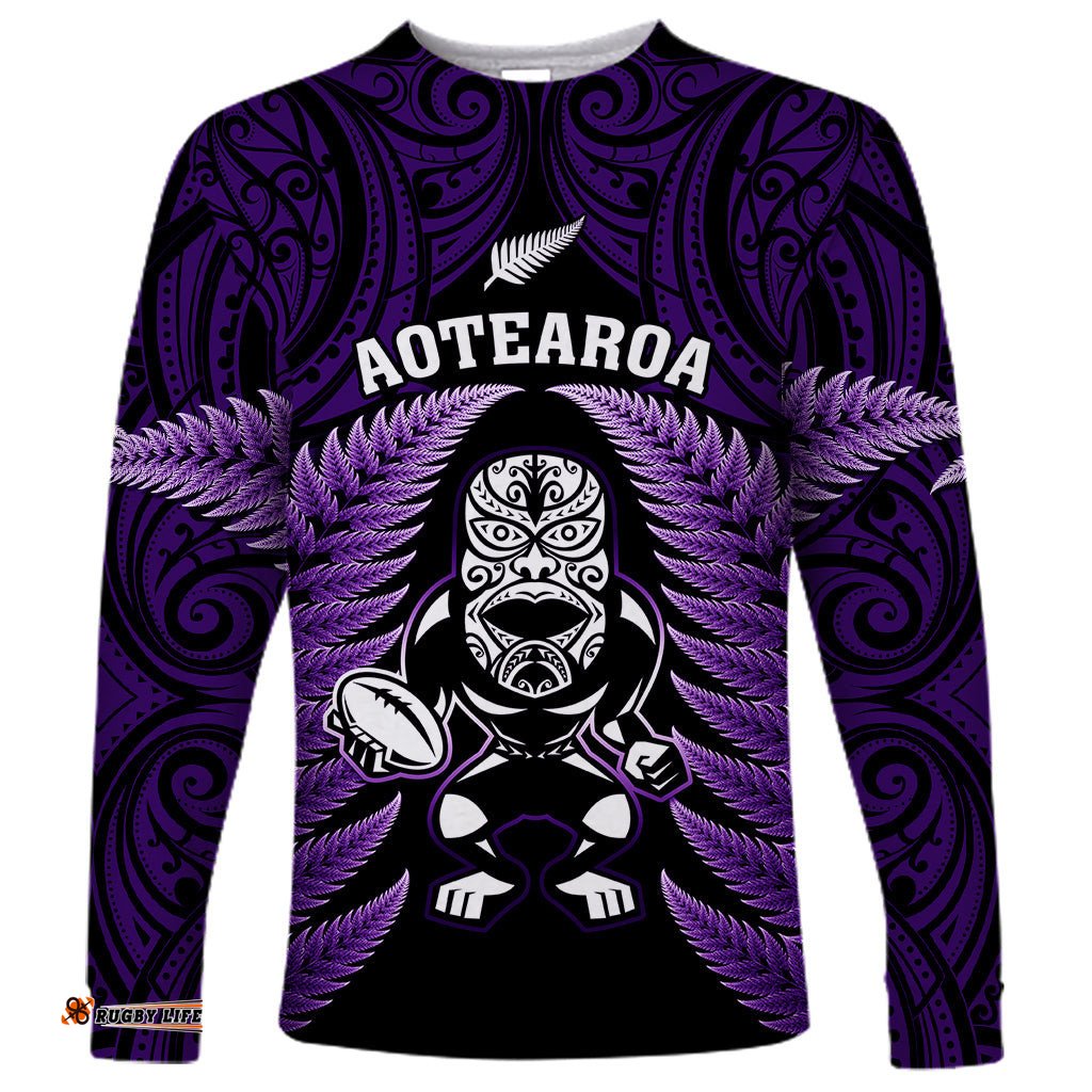 New Zealand Aotearoa Rugby Long Sleeve T-shirt NZ Tiki With Maori Fern World Cup Purple Version