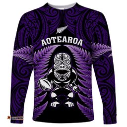 New Zealand Aotearoa Rugby Long Sleeve T-shirt NZ Tiki With Maori Fern World Cup Purple Version