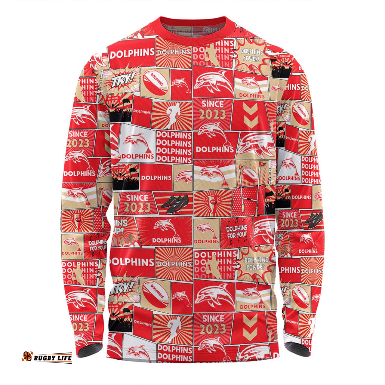 Redcliffe Dolphins Long Sleeve T-shirt - Team Of Us Die Hard Fan Supporters Comic Style Long Sleeve T-shirt