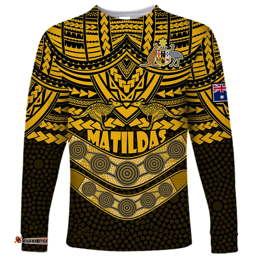 Custom Matildas Soccer Long Sleeve T-shirt Polynesian and Aboriginal Gold