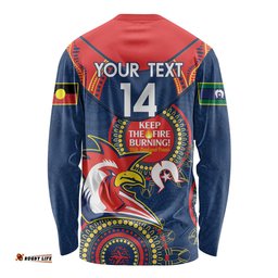 Custom NRL Roosters NAIDOC Week Long Sleeve T-shirt Keep The Fire Burning Indigenous Art