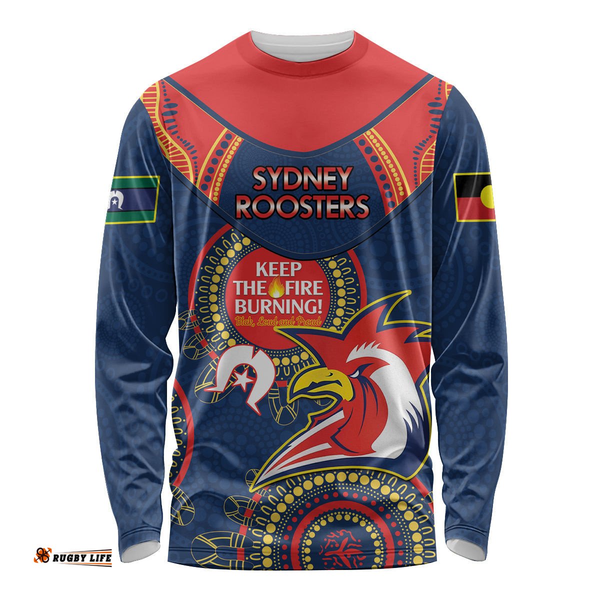 Custom NRL Roosters NAIDOC Week Long Sleeve T-shirt Keep The Fire Burning Indigenous Art