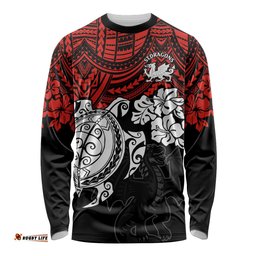 Custom Dragons Rugby Long Sleeve T-shirt Red V Hibiscus and Turtle With Polynesian Pattern