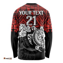 Custom Dragons Rugby Long Sleeve T-shirt Red V Hibiscus and Turtle With Polynesian Pattern