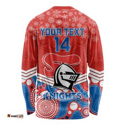 Custom Knights Rugby Christmas Long Sleeve T-shirt Merry Xmas Mix Aboriginal Art