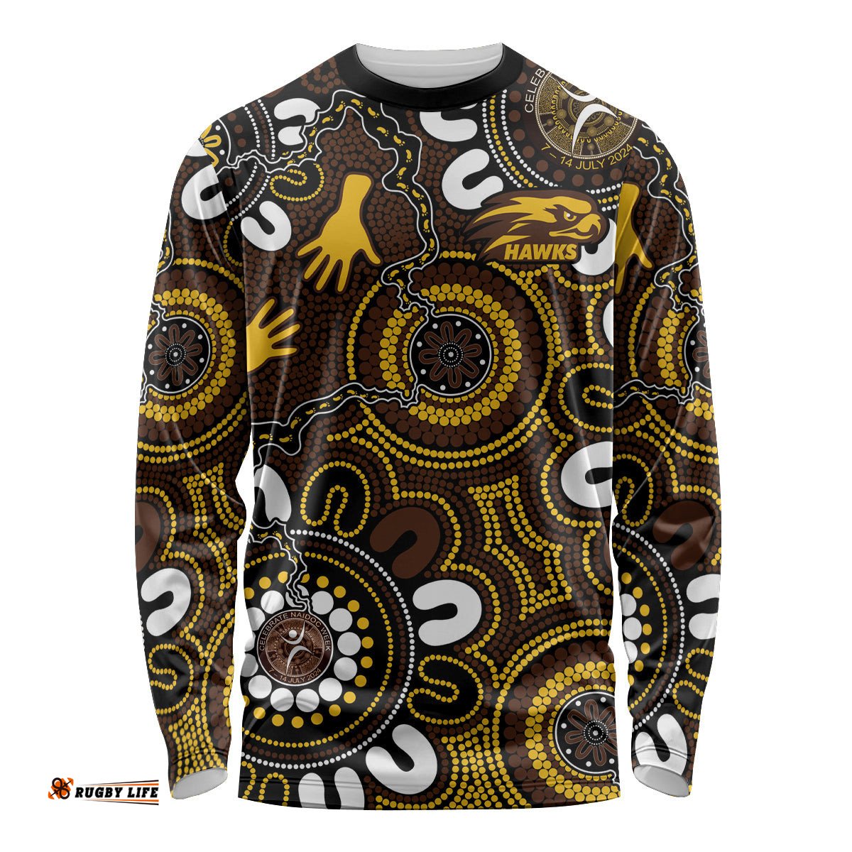 Custom Hawthorn NAIDOC Week 2024 Long Sleeve T-shirt Fire Burning Aboriginal Dots Art