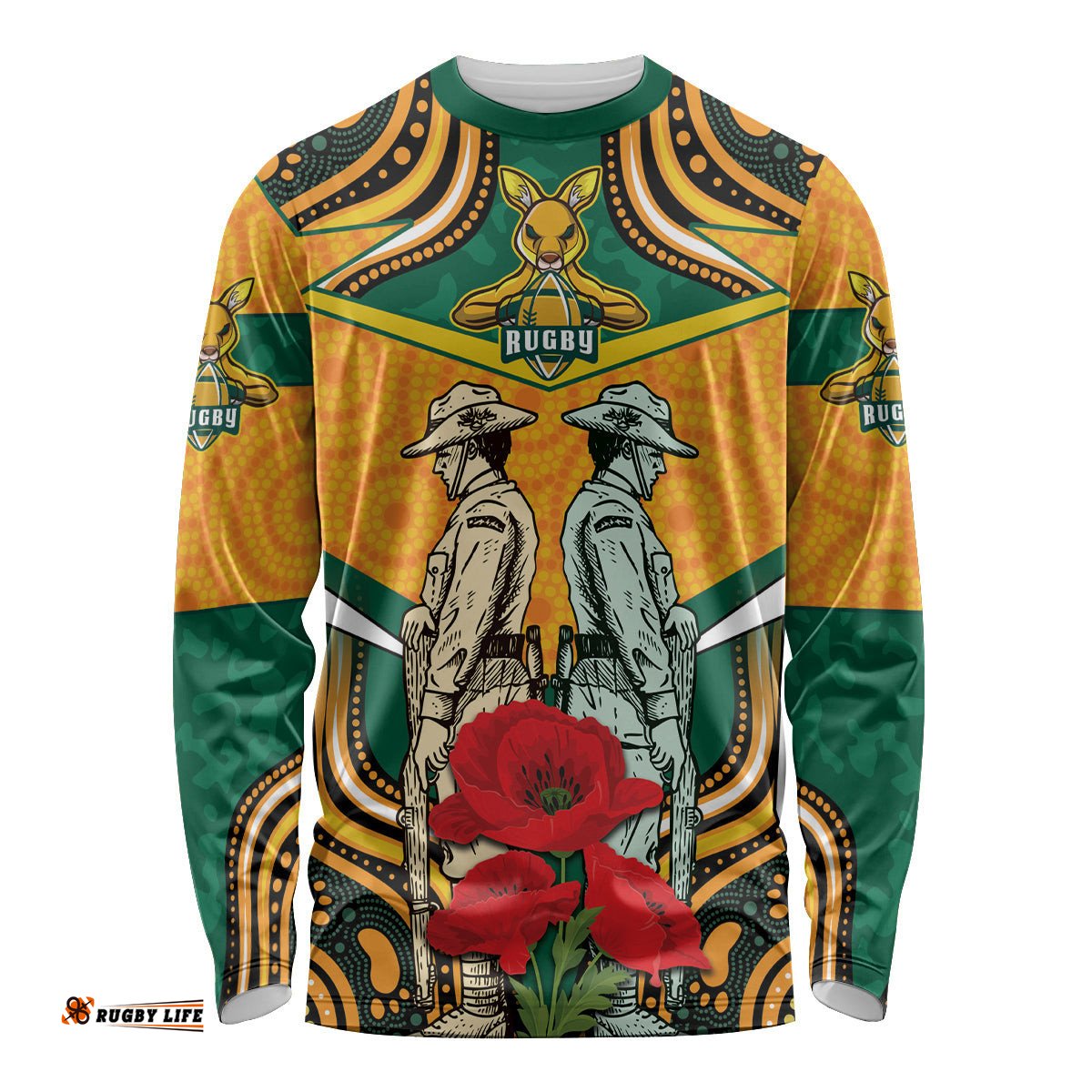 Australia Wallabies Rugby ANZAC Custom Long Sleeve T-shirt Poppy Soldier With Aboriginal Dots Art
