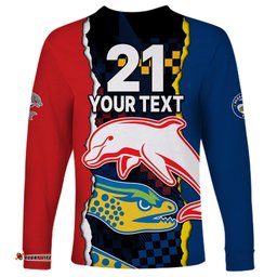 Custom Text And Number NRL Combine Dolphins and Parra Eels Long Sleeve T-shirt Simple Style