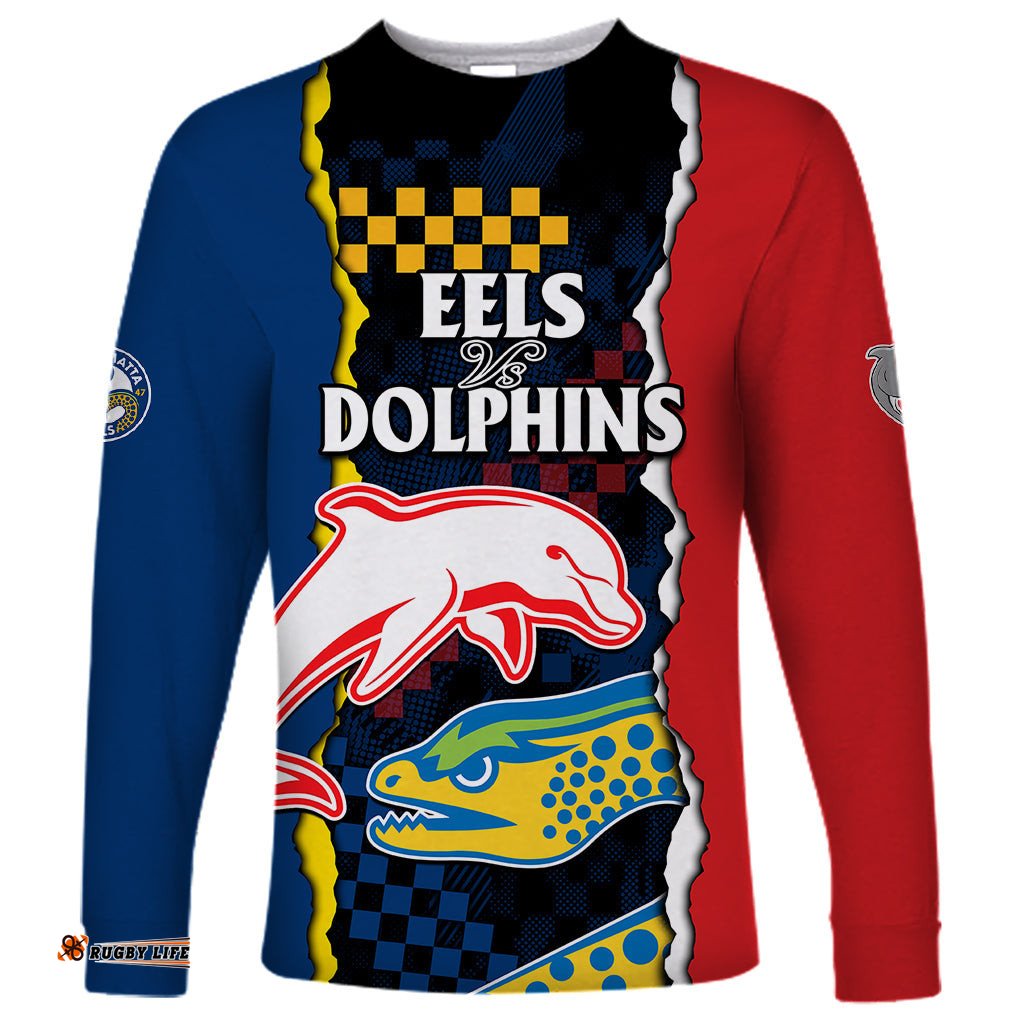 Custom Text And Number NRL Combine Dolphins and Parra Eels Long Sleeve T-shirt Simple Style