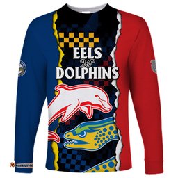 Custom Text And Number NRL Combine Dolphins and Parra Eels Long Sleeve T-shirt Simple Style