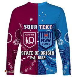 Custom Personalised QLD Maroons And NSW Blues Rugby Long Sleeve T-shirt State of Origin Indigenous