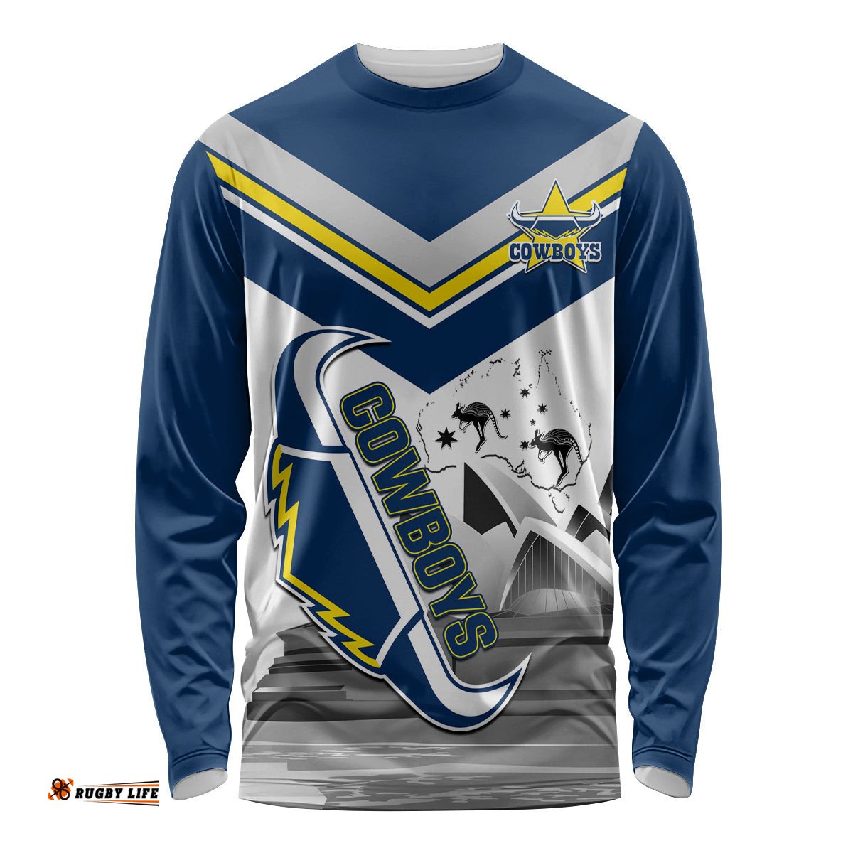 Custom Australia Day Cowboys Long Sleeve T-shirt NRL 2024 Sydney Opera House With Map
