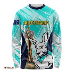 Custom Australia Soccer Long Sleeve T-shirt Matildas Kangaroo With World Cup Trophy Turquoise Version