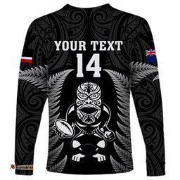Custom New Zealand Aotearoa Rugby Long Sleeve T-shirt NZ Tiki With Maori Fern World Cup Black Version