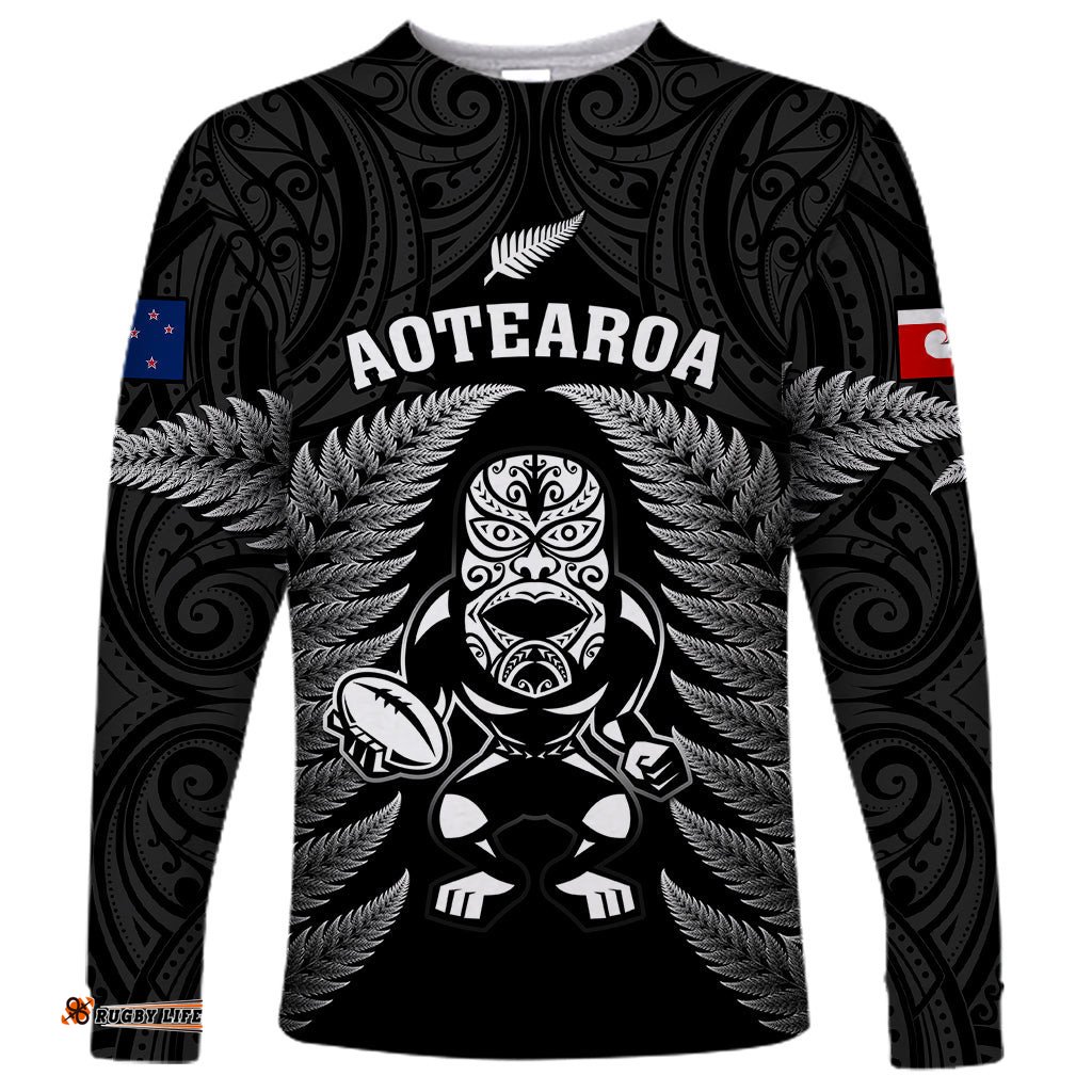 Custom New Zealand Aotearoa Rugby Long Sleeve T-shirt NZ Tiki With Maori Fern World Cup Black Version