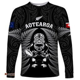 Custom New Zealand Aotearoa Rugby Long Sleeve T-shirt NZ Tiki With Maori Fern World Cup Black Version