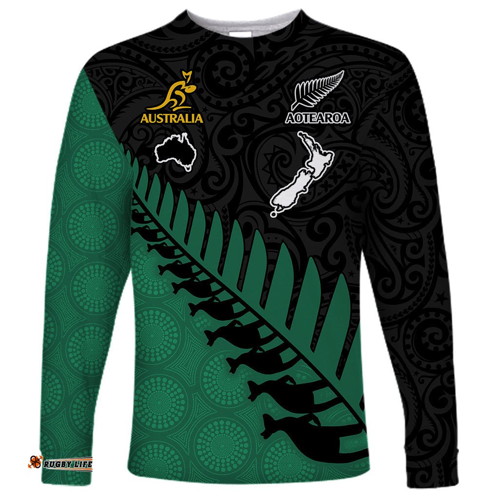 Australia Wallabies and Aotearoa Rugby Long Sleeve T-shirt Kangaroo Black Fern Maori Green