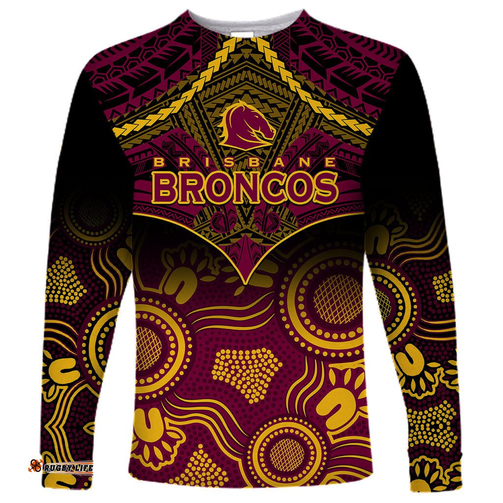 Broncos Rugby Long Sleeve T-shirt Brisbane 1987 Aboriginal Mix Polynesian Pattern