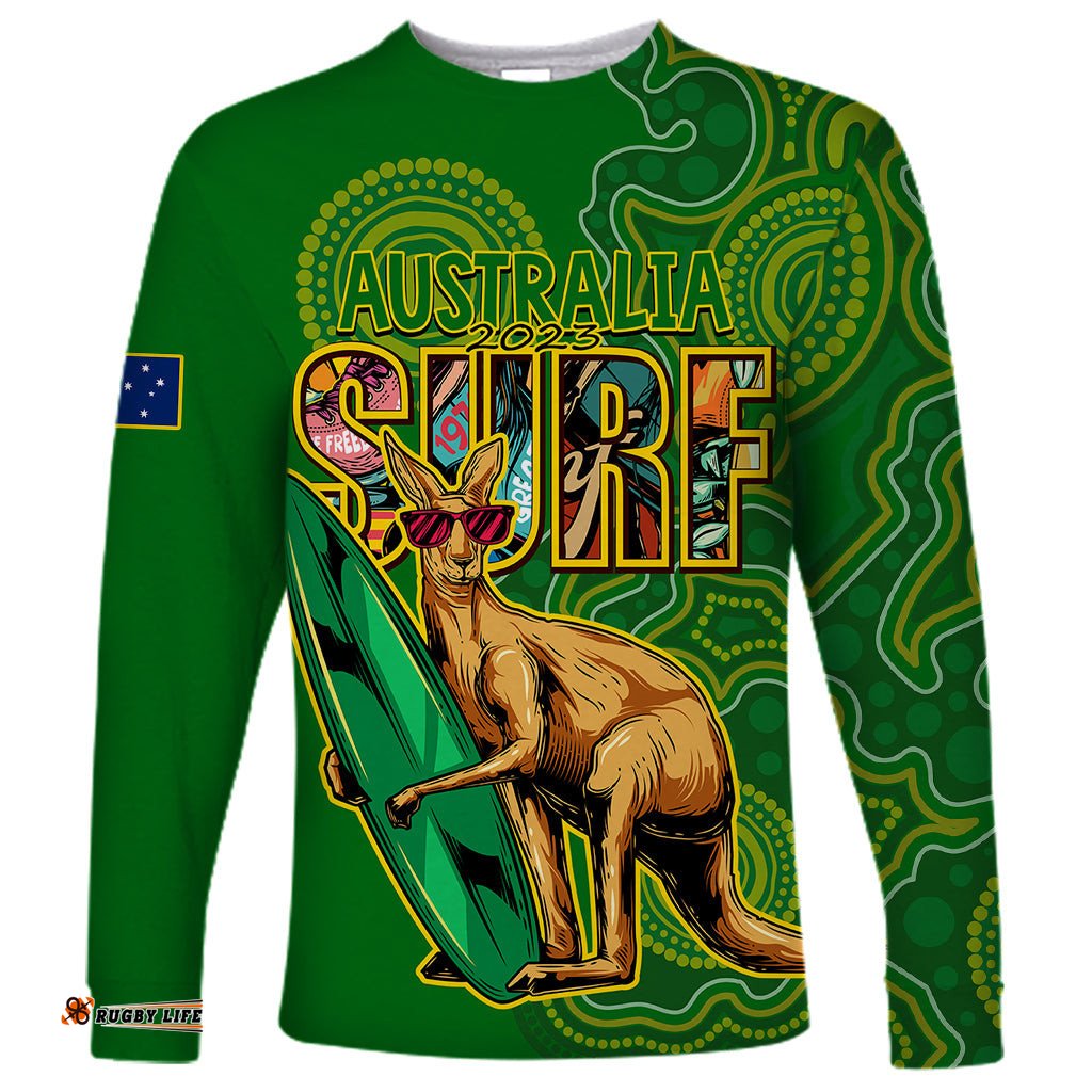 Australia Surf Long Sleeve T-shirt Happy Kangaroo Indigenous Artsy