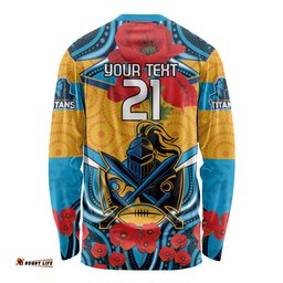 Custom GLD Titans Rugby ANZAC Long Sleeve T-shirt Gallipoli Soldier With Aboriginal Art