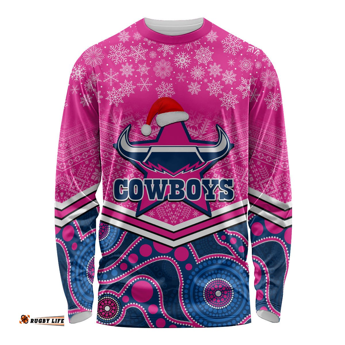 Custom Cowboys Rugby Christmas Long Sleeve T-shirt Merry Xmas Mix Aboriginal Art Pink Version