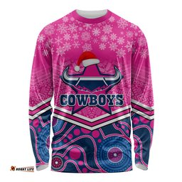 Custom Cowboys Rugby Christmas Long Sleeve T-shirt Merry Xmas Mix Aboriginal Art Pink Version
