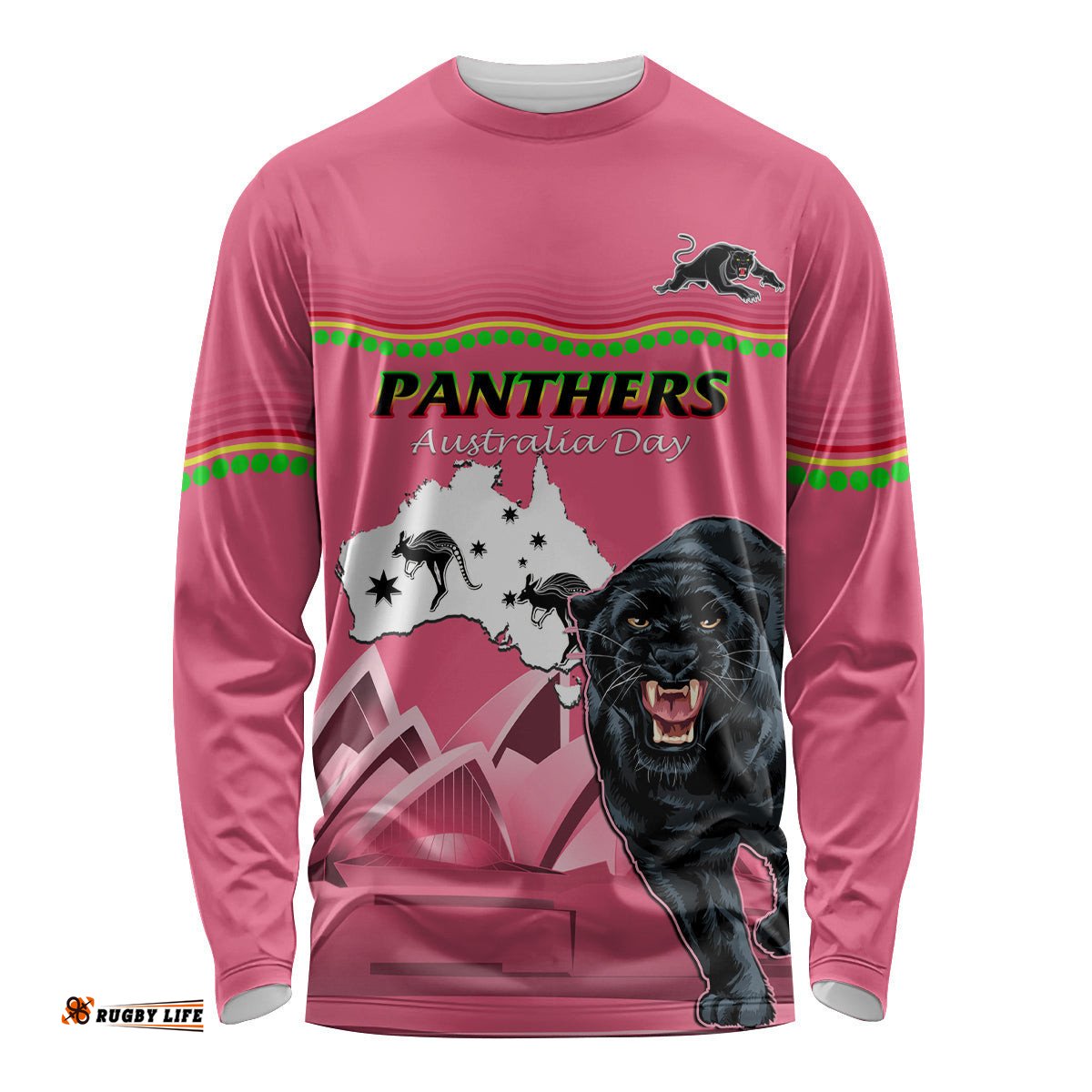 Custom Australia Day Panthers Long Sleeve T-shirt NRL 2024 Sydney Opera House With Map Pink