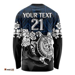 Custom Cowboys Rugby Long Sleeve T-shirt Hibiscus and Turtle With Polynesian Pattern