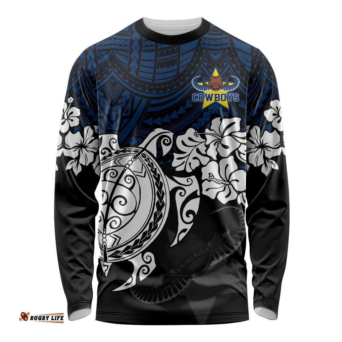 Custom Cowboys Rugby Long Sleeve T-shirt Hibiscus and Turtle With Polynesian Pattern
