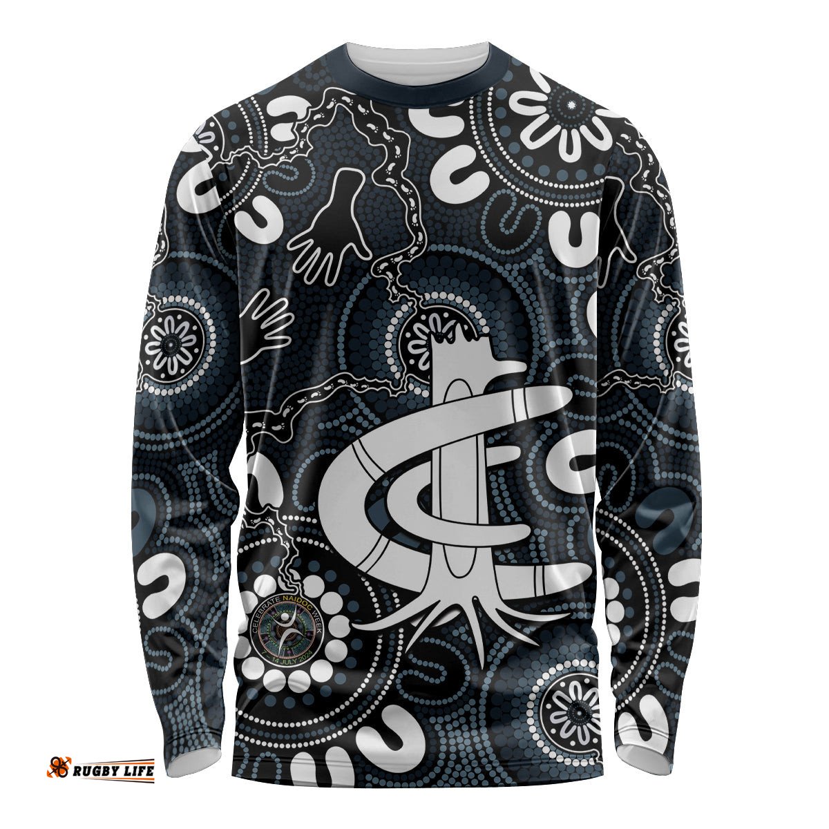 Custom Carlton Blues NAIDOC Week 2024 Long Sleeve T-shirt Fire Burning Aboriginal Dots Art