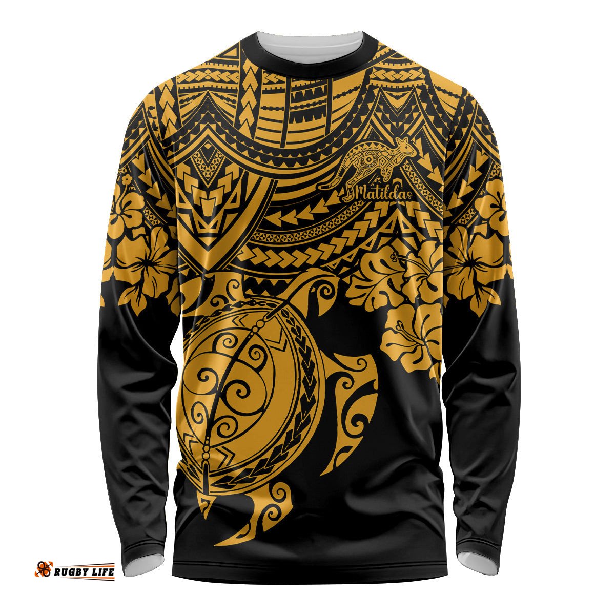Custom Australia Matildas Long Sleeve T-shirt Hibiscus and Turtle With Polynesian Pattern