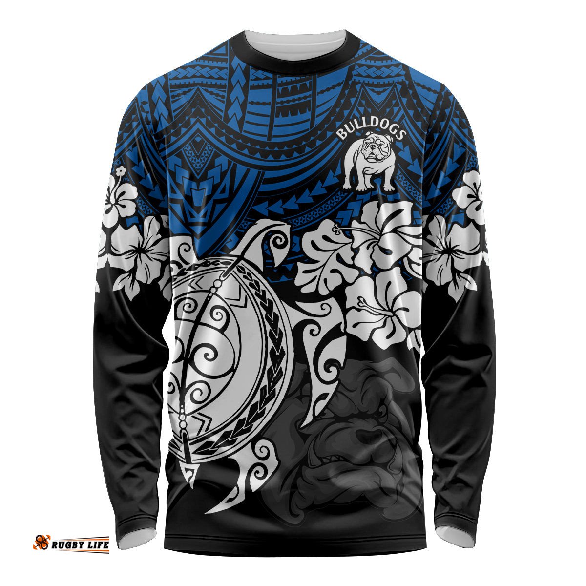 Custom Bulldogs Rugby Long Sleeve T-shirt Berries Hibiscus and Turtle With Polynesian Pattern